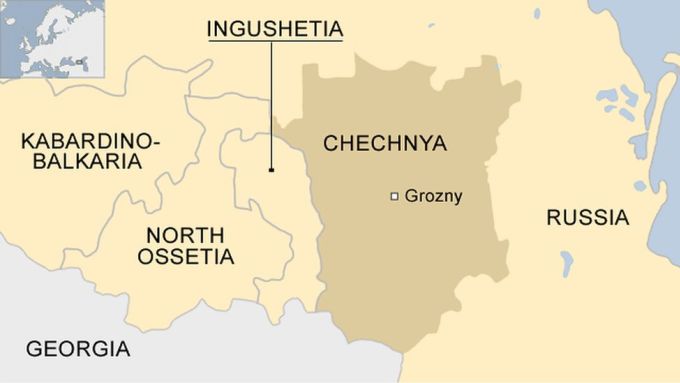 Vị trí Cộng hòa Ingushetia thuộc Liên bang Nga, tại vùng Bắc Kavkaz. Đồ họa: BBC