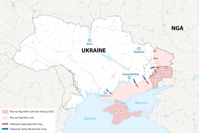Cục diện chiến trường Ukraine sau hai năm giao tranh. Đồ họa: WP