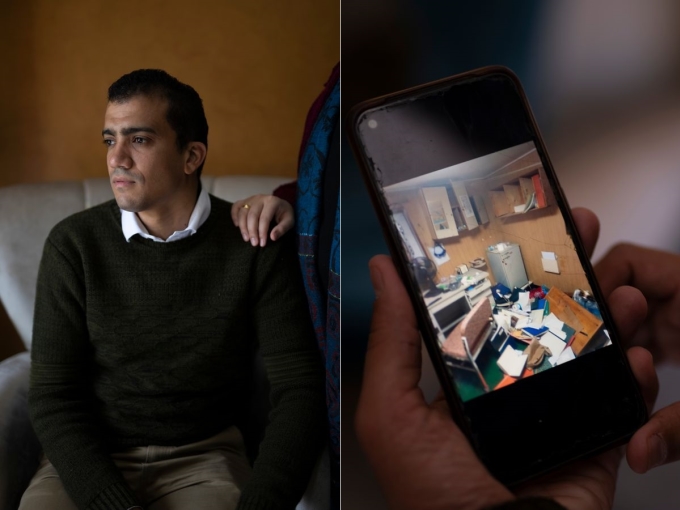 Thuyền phó Gwealy và bức ảnh từ điện thoại của anh ghi lại cảnh trong một căn phòng trên tàu Rubymar khi cuộc tấn công tên lửa xảy ra. Ảnh: WSJ