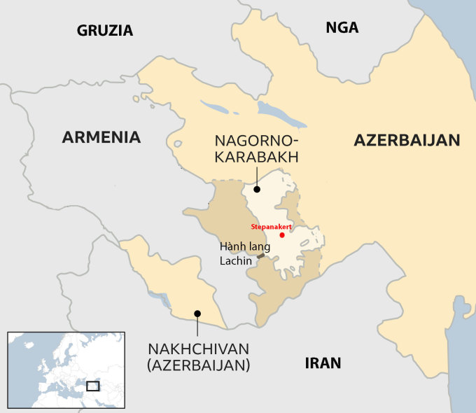 Vị trí Nga, Armenia và vùng Nagorno-Karabakh. Đồ họa: BBC