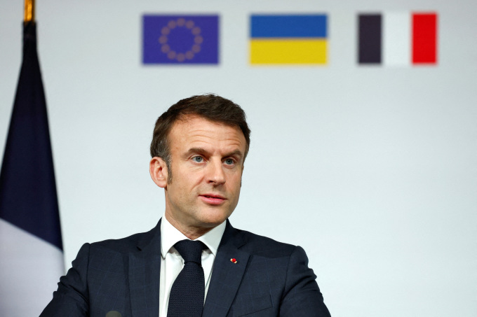 Tổng thống Pháp Emmanuel Macron phát biểu tại Điện Elysee ở thủ đô Paris ngày 26/2. Ảnh: AFP