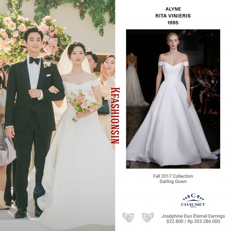 Trong phân cảnh đám cưới đắt giá, Kim Ji-won mặc váy cưới trễ vai đơn giản thuộc thương hiệu Alyne Rita Vinieris  nhưng điểm nhấn là đôi khuyên tai có giá hơn nửa tỷ đồng.  