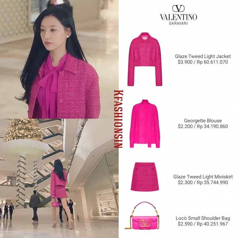 Ngay trong tập đầu tiên, Kim Ji-won đã diện nguyên cây hồng của nhà mốt Valentino, tổng thể trang phục của cô trị giá hơn 268 triệu. 