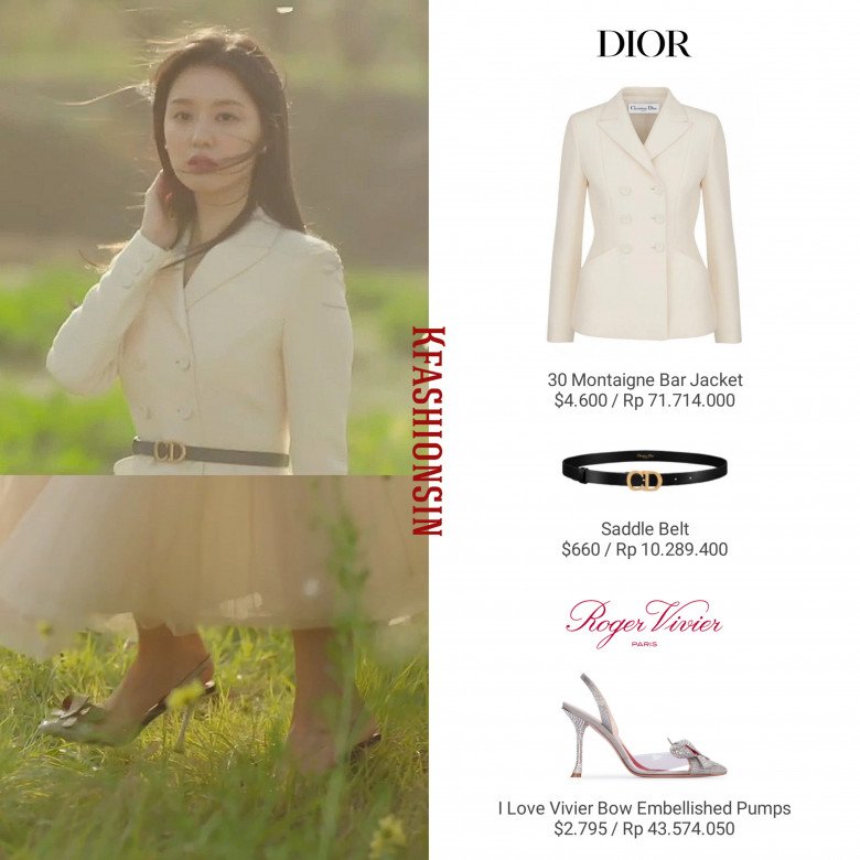 Kim Ji-won trông vô cùng thanh lịch và quý phái khi diện mẫu áo khoác của Dior cùng chân váy dài ton-sur-ton, phối thêm thắt lưng eo cao làm tôn lên vóc dáng thon gọn của nữ diễn viên.