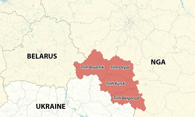 Vị trí các tỉnh Belgorod, Kursk, Bryansk và Oryol của Nga. Đồ họa: RYV