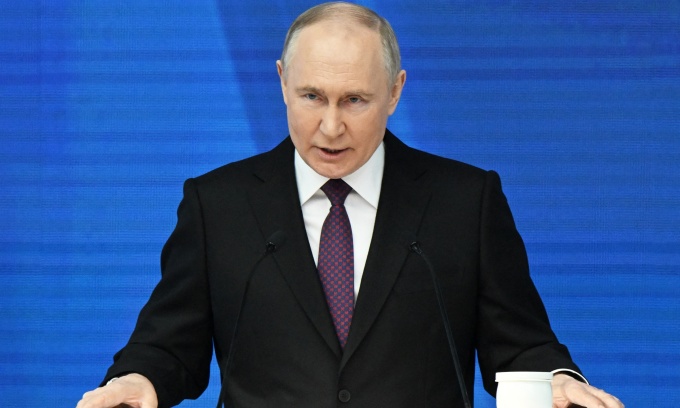 Tổng thống Nga Vladimir Putin đọc Thông điệp Liên bang tại Moskva ngày 29/2. Ảnh: AFP