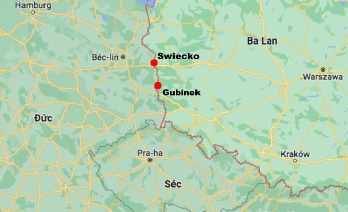 Hai cửa khẩu Swiecko và Gubinek. Đồ họa: Google Maps