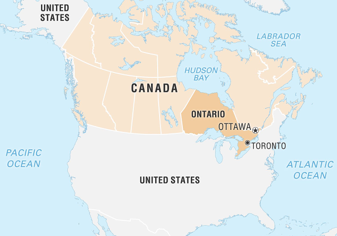 Vị trí tỉnh Ontario của Canada và Mỹ. Đồ họa: Britannica
