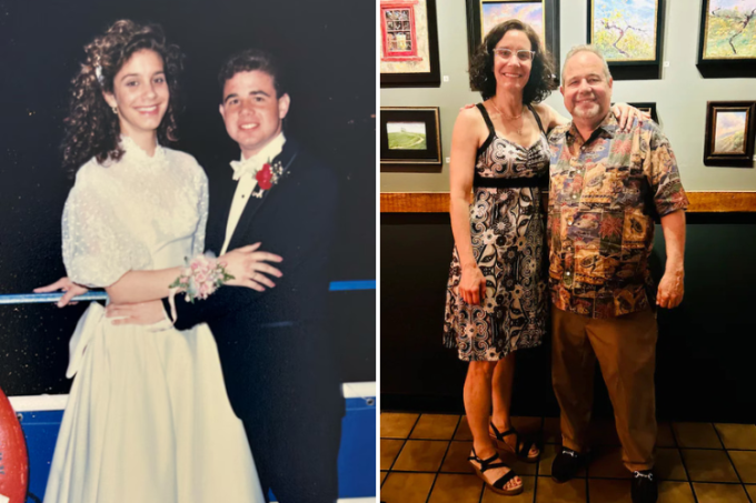 Ông Moyer và bà Hershey trong đêm dạ hội năm 1988 (trái) và trong lần hội ngộ tháng 7/2024. Ảnh: WP