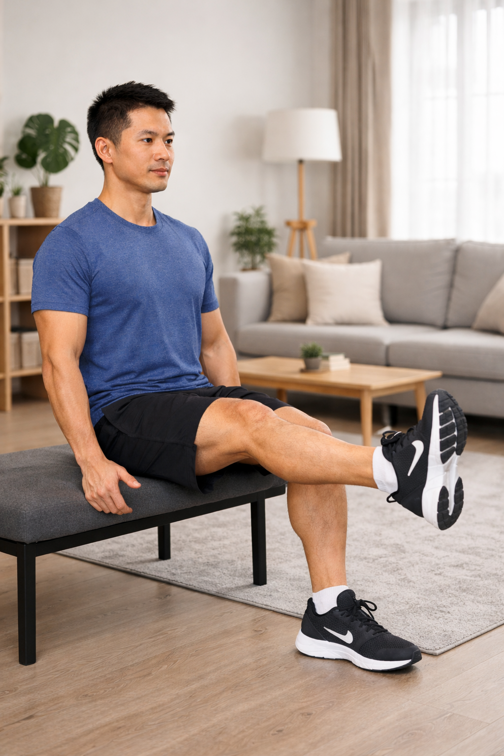 Duỗi gối khi ngồi giúp tăng tuần hoàn quanh khớp, kích hoạt cơ tứ đầu đùi và cải thiện sự bôi trơn của sụn khớp mà không tạo áp lực tải trọng.