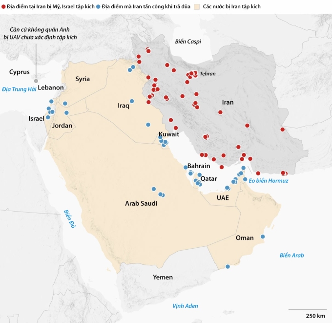 Các mục tiêu bị tập kích tại Trung Đông trong xung đột giữa Mỹ - Israel và Iran tính đến ngày 3/3. Đồ họa: CNN