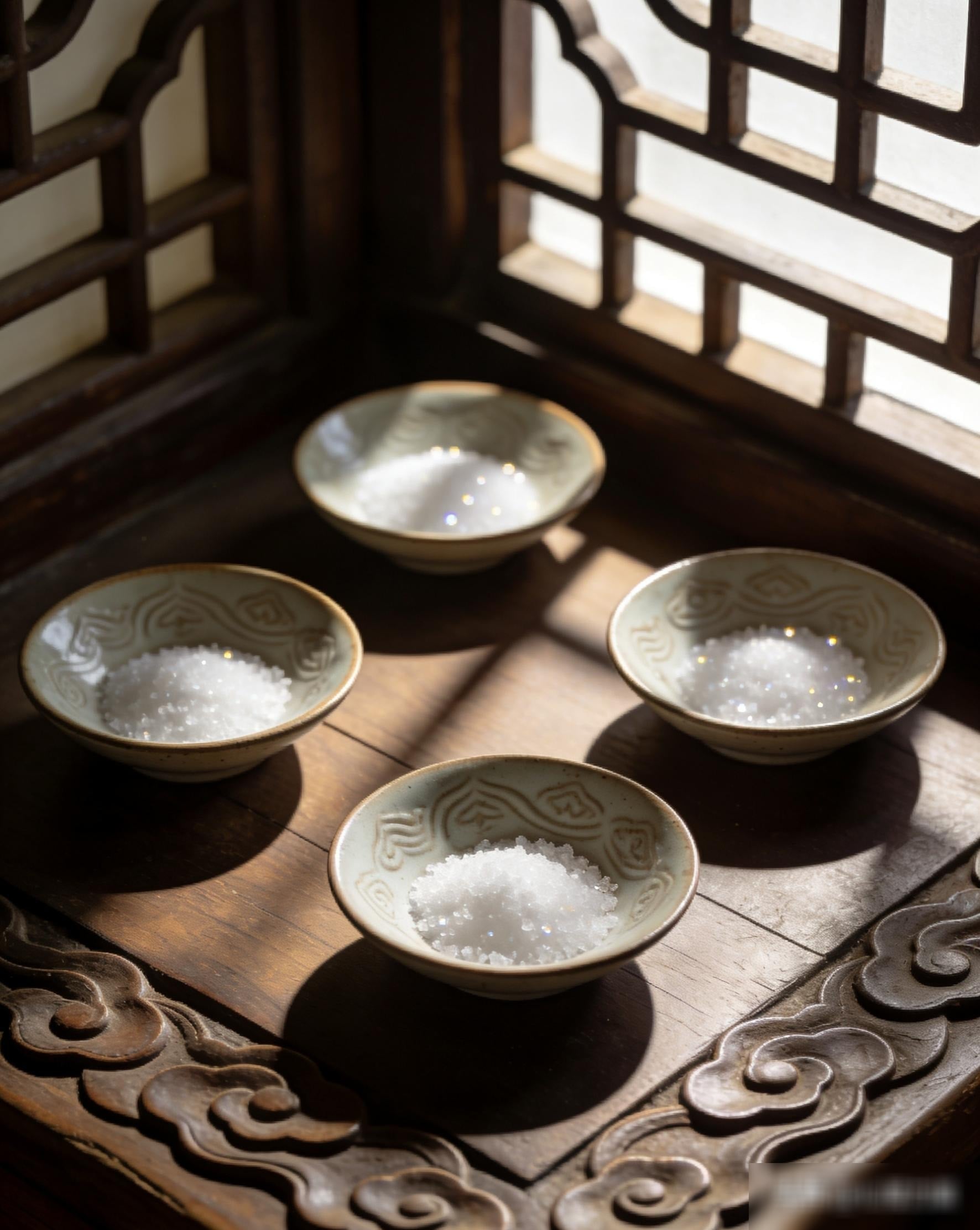 Theo người xưa, bát muối được đặt lặng lẽ ở góc tài lộc, tỏa sáng ấm áp dưới ánh đèn.