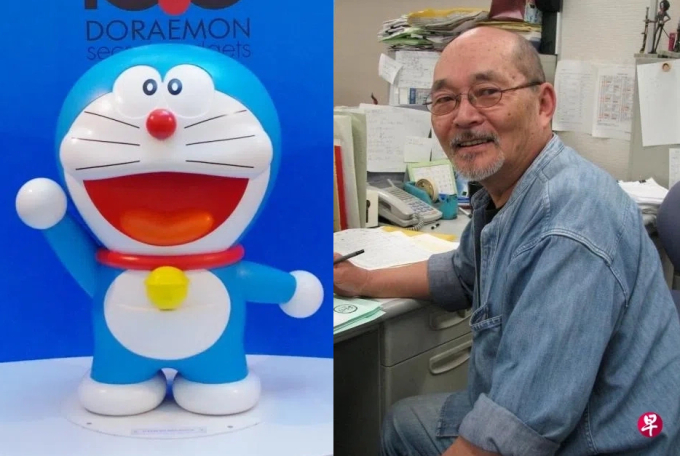 Nhà làm phim Tsutomu Shibayama và hình ảnh mèo máy Doraemon. Ảnh: Zaobao