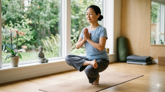 Người trung niên tập yoga nhẹ nhàng giúp cải thiện độ dẻo dai và giảm đau khớp - Hình minh họa