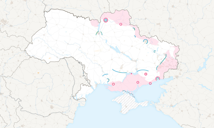 Cục diện chiến trường Ukraine sau một tháng giao tranh. Bấm vào hình để xem chi tiết.
