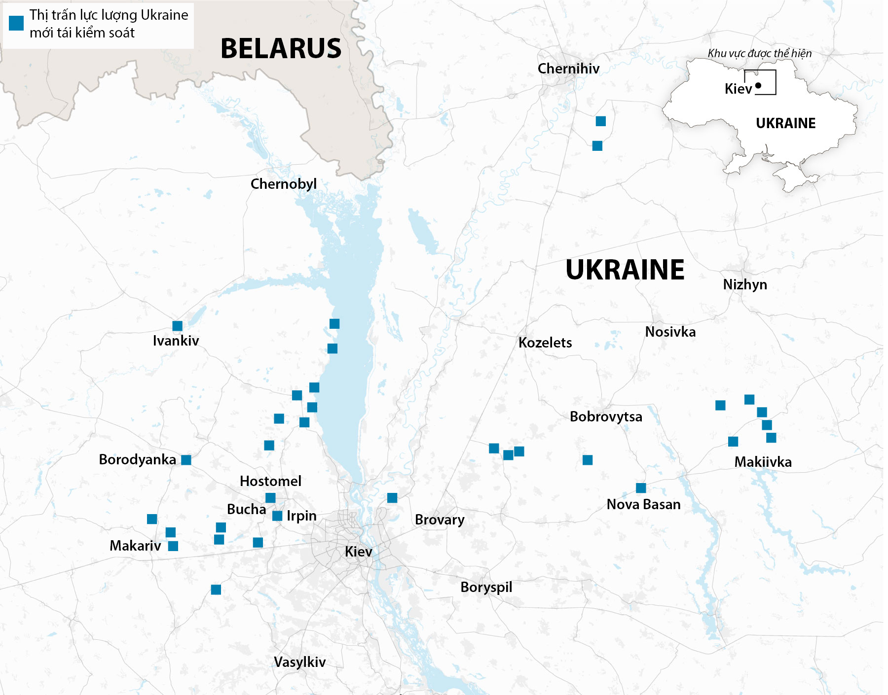 Những thị trấn Ukraine tái kiểm soát gần Kiev. Bấm vào hình để xem chi tiết.