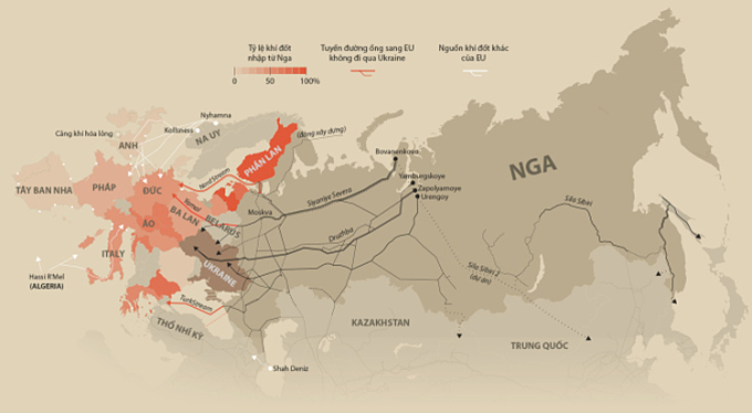 Những đường ống chuyển khí đốt Nga cho châu Âu. Bấm vào ảnh để xem đầy đủ.