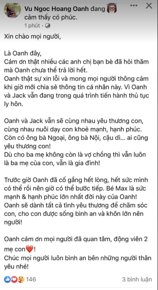 Nóng: Hoàng Oanh chính thức lên tiếng, xác nhận ly hôn với ông xã ngoại quốc - Ảnh 1.