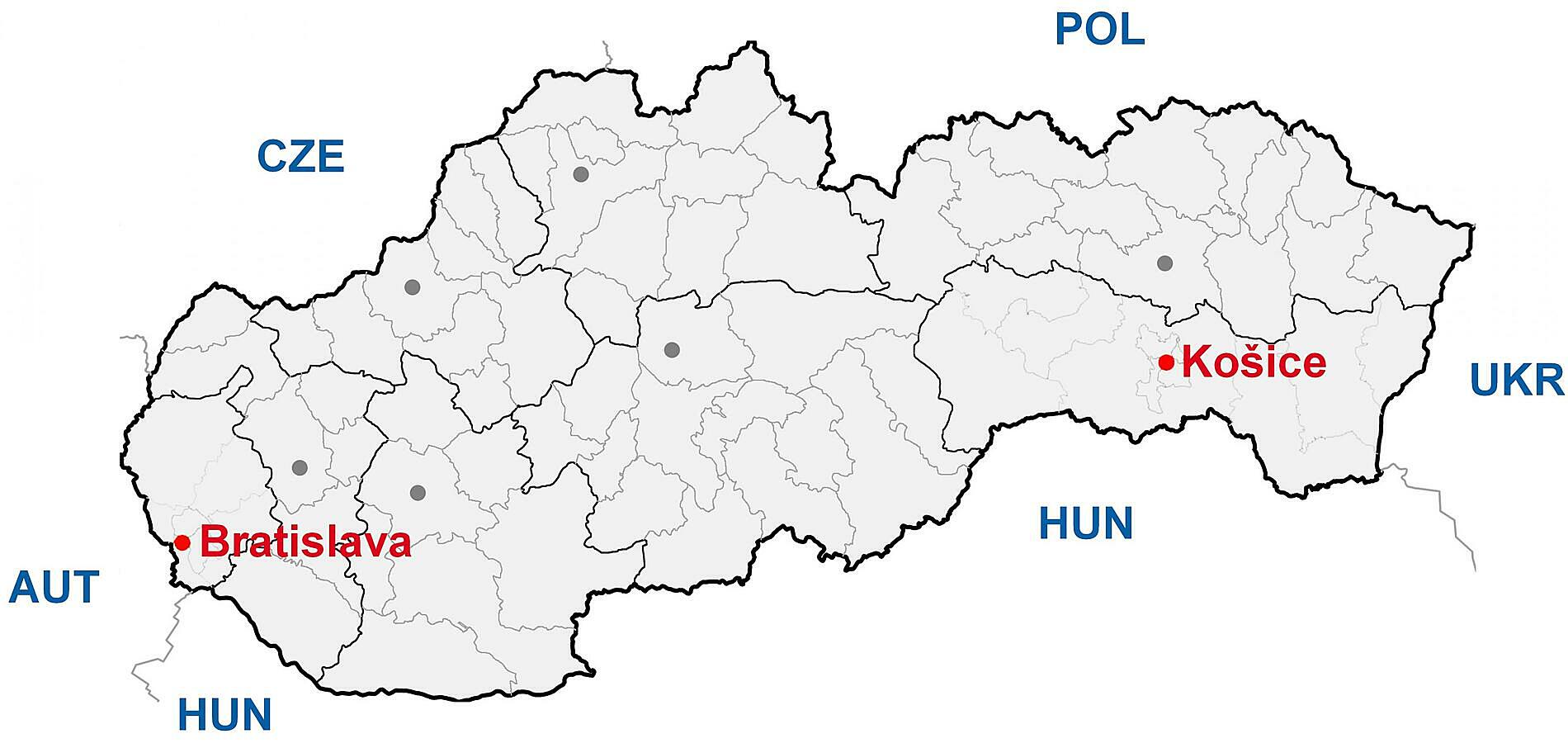 Vị trí thủ đô Bratislava và vùng Kosice (màu đỏ) ở Slovakia. Ảnh: Maps Slovakia.