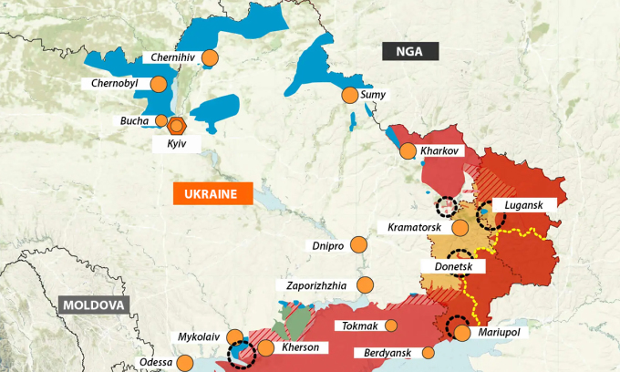 Cục diện chiến trường Ukraine sau 8 tuần giao tranh. Đồ họa: Al Jazeera. Bấm vào bản đồ để xem chi tiết.