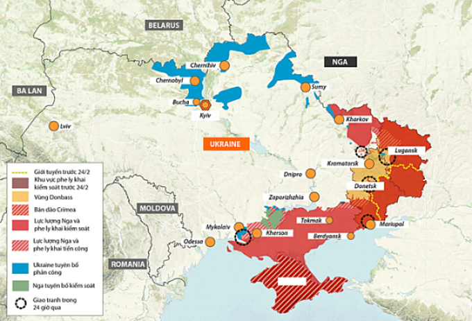 Cục diện chiến trường Ukraine sau 8 tuần giao tranh. Bấm vào hình để xem chi tiết.