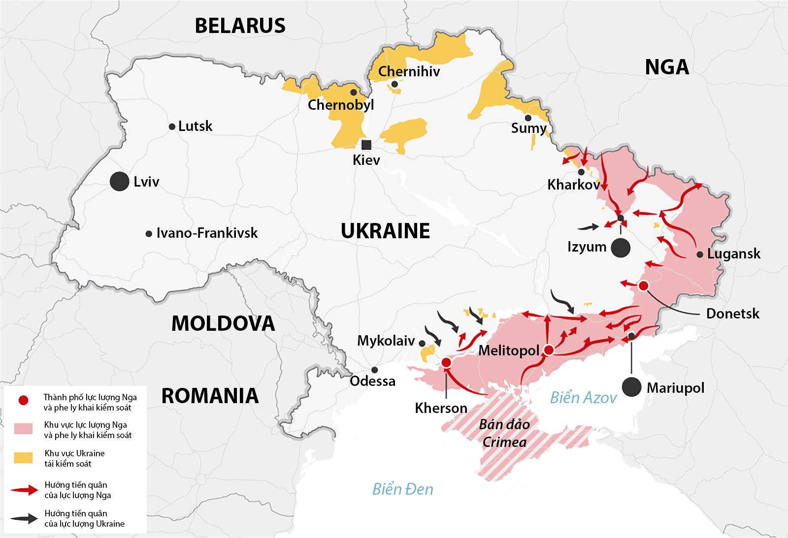 Các mũi tiến công mới của Nga ở Ukraine. Đồ họa: Guardian.