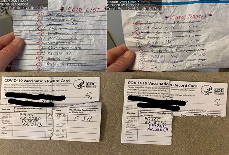 Thẻ vaccine giả thu giữ trong thùng rác tại nhà một người ở Colorado. Ảnh: Bộ Tư pháp Mỹ