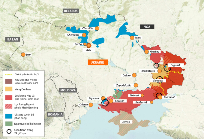 Cục diện chiến trường Ukraine sau 8 tuần giao tranh. Bấm vào hình để xem chi tiết.