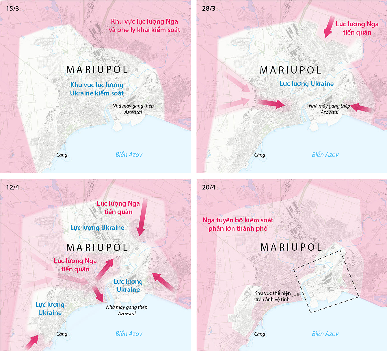 Hơn một tháng lực lượng Nga vây ép Mariupol. Bấm vào ảnh để xem chi tiết.