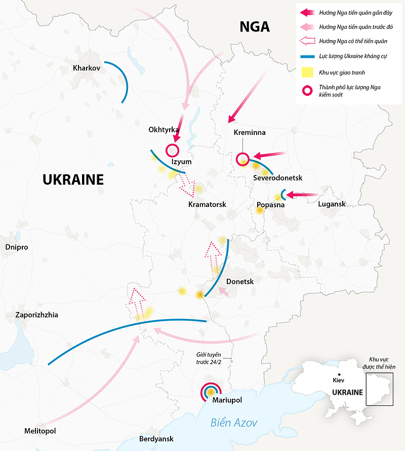 Hướng thọc sâu của Nga ở miền đông Ukraine. Bấm để xem chi tiết.