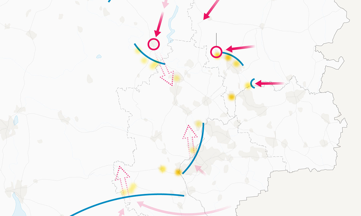 Lực lượng Nga và phe ly khai thọc sâu theo nhiều hướng nhằm tìm cách bao vây, chia cắt quân đội Ukraine phòng thủ ở vùng Donbass. Đồ họa: NY Times. Bấm vào bản đồ để xem chi tiết.