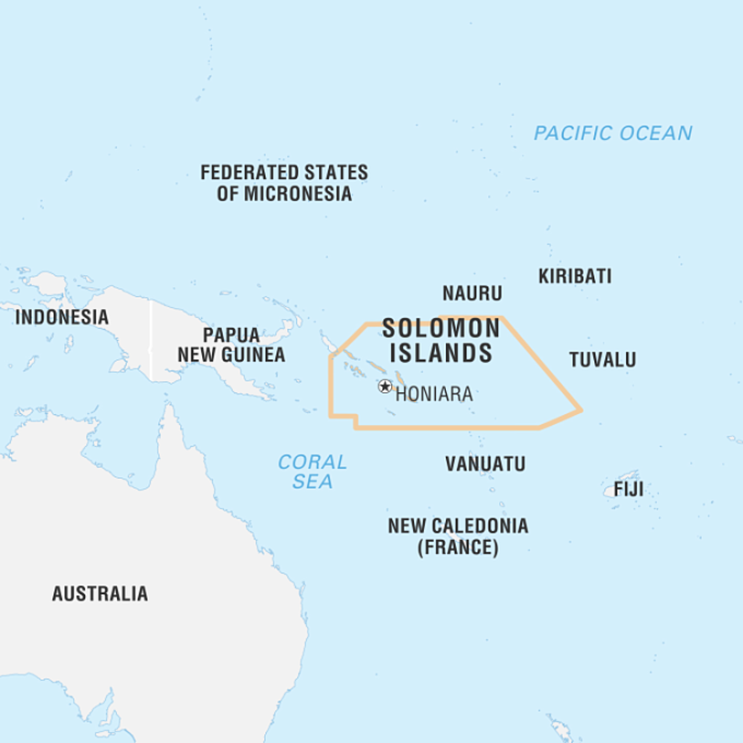 Vị trí Quần đảo Solomon (trong khung màu cam) và Australia. Đồ họa: Britanica.