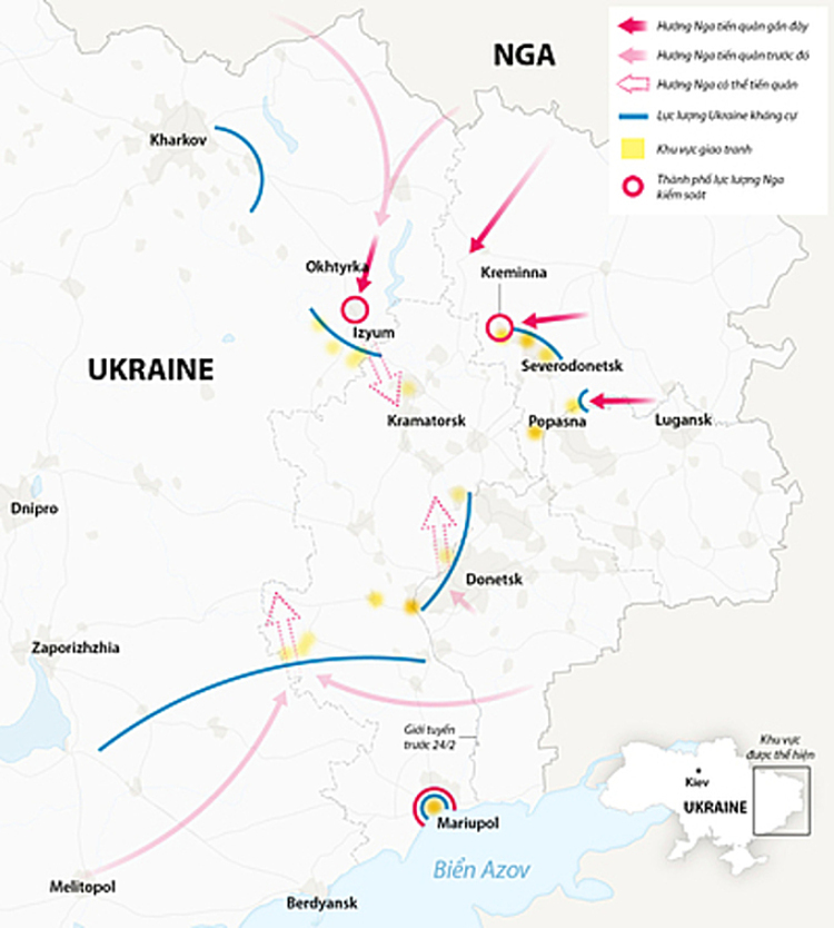 Hướng thọc sâu của Nga ở đông Ukraine. Bấm vào hình để xem chi tiết.