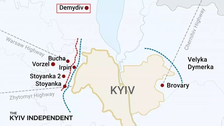 Vị trí làng Demydiv (ô vuông màu đỏ). Đồ họa: Kyiv Independent.