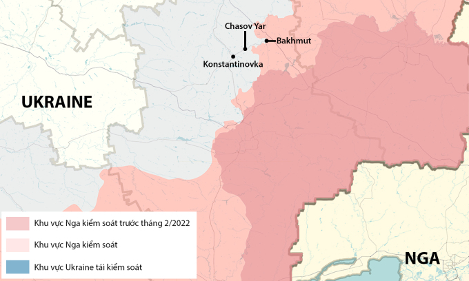 Vị trí các thành phố Bakhmut và Chasov Yar. Đồ họa: RYV