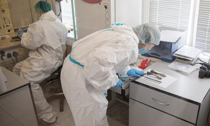 Các nhà khoa học tại phòng thí nghiệm ở Kiev đang tiến hành nhận dạng mẫu DNA. Ảnh: Telegraph