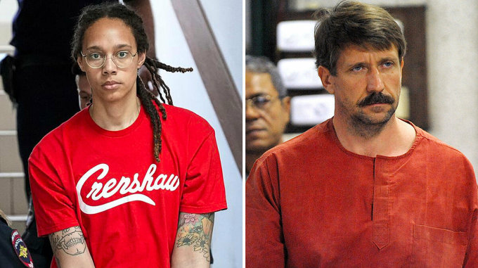 Cựu ngôi sao đội tuyển bóng rổ nữ Mỹ Brittney Griner (trái) và công dân Nga Viktor Bout. Ảnh: AP.