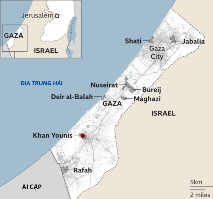 Vị trí các đô thị ở Dải Gaza. Đồ họa: BBC