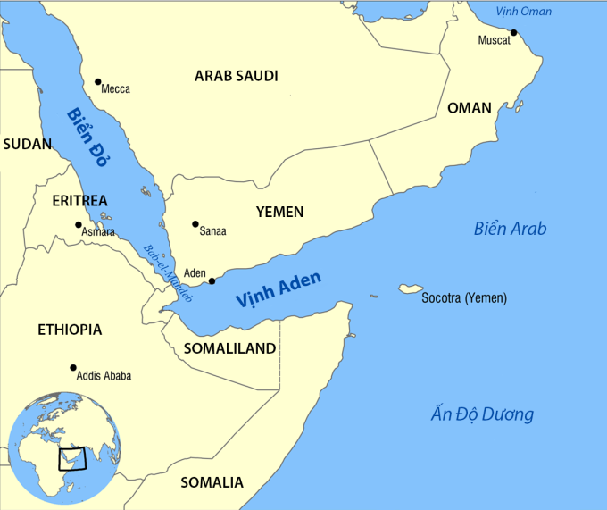 Vị trí Biển Đỏ, Vịnh Aden. Đồ họa: Wikipedia