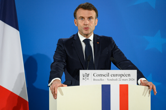 Tổng thống Pháp Emmanuel Macron phát biểu tại Brussels, Bỉ ngày 22/3. Ảnh: AFP