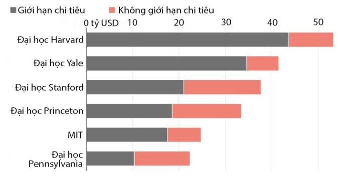 Quy mô quỹ hiến tặng của một số trường đại học lớn ở Mỹ năm 2024. Đồ họa: WSJ