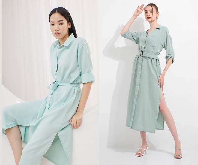 Tông xanh pastel dịu nhẹ cùng phom dáng mềm mại và xẻ tà khiến váy sơ mi trở thành biểu tượng của vẻ đẹp thanh lịch và hiện đại trong những ngày hè oi ả.