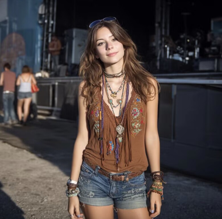 Để thay đổi phong cách, bạn có thể nghĩ đến xu hướng boho đang được yêu thích, chọn trang phục tông màu be sẽ làm ấm lên vẻ bụi bặm của denim và bốt da. Thêm chút phụ kiện style du mục để làm điểm nhấn, tôn lên sự mộc mạc và lãng mạn của bộ trang phục.