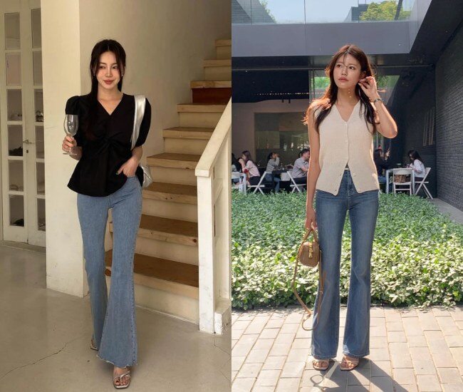 Quần ống loe giúp kéo dài chân nhờ thiết kế ôm trên, loe dưới. Khi kết hợp cùng cạp cao, tỷ lệ cơ thể được cải thiện rõ rệt. Độ dài phủ nhẹ giày càng tăng hiệu ứng hack dáng, giúp tổng thể trông cao ráo và thanh thoát hơn.