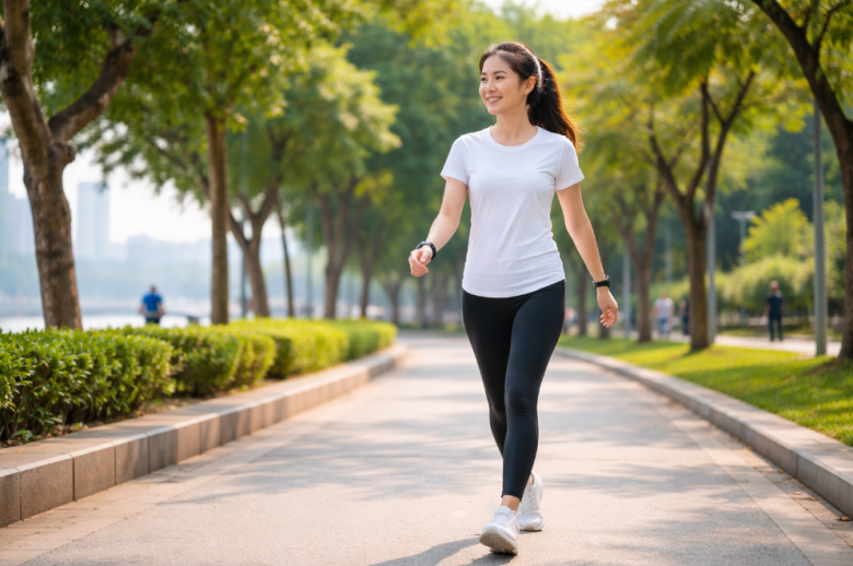 Đi bộ nhanh kết hợp gập gối, tăng tốc độ ngắt quãng trong lúc đi có thể tăng hiệu quả luyện tập.