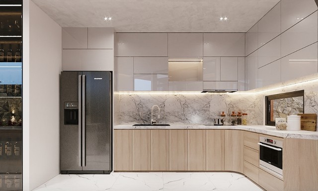 Phòng bếp thoáng đãng, sạch sẽ tạo cho gia đình một không gian thoải mái giúp gia đình hòa thuận, hạnh phúc hơn.