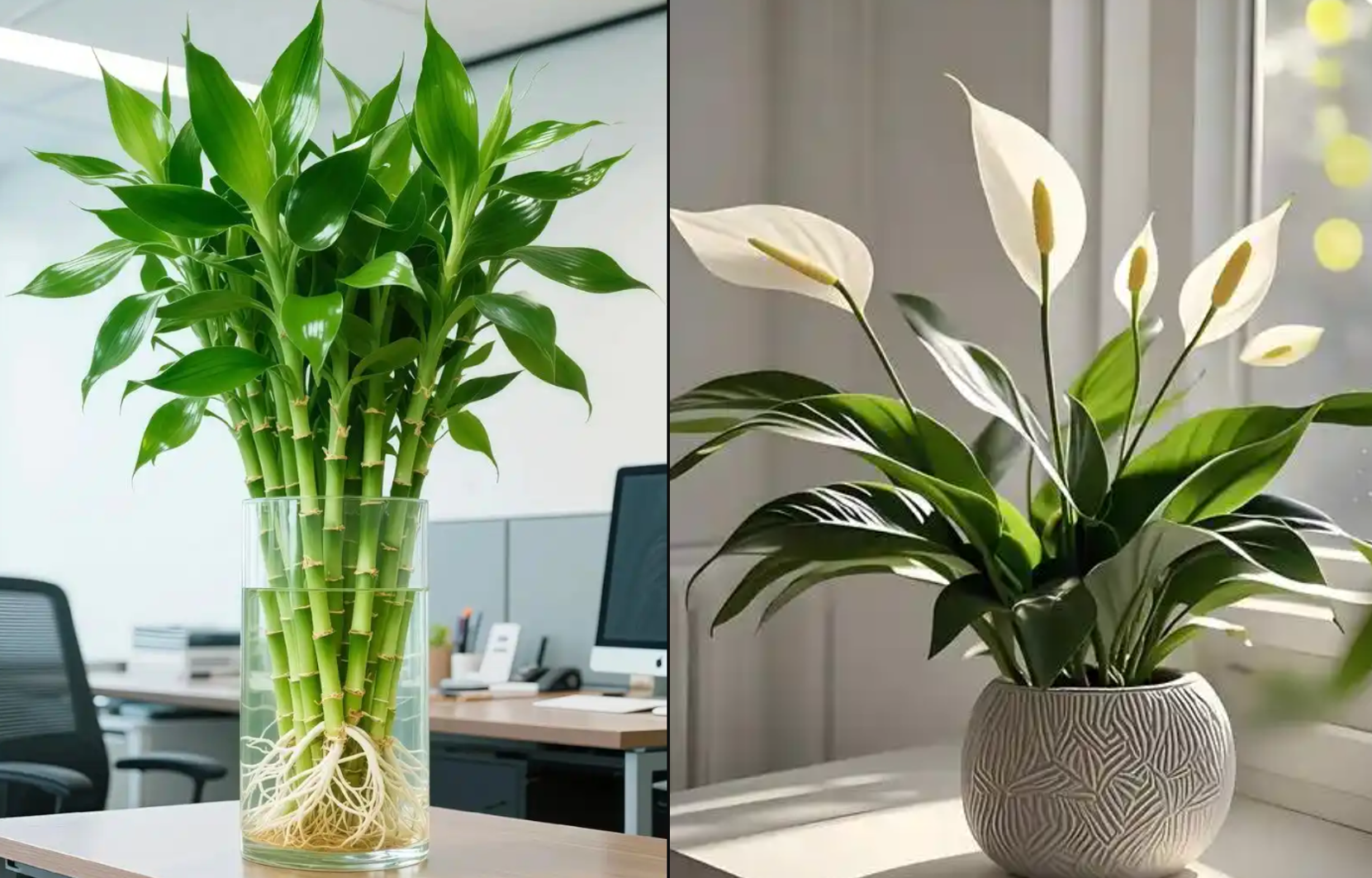 Cặp Công danh - Bình an: Trúc phát tài (thân thẳng, đốt rõ) tượng trưng cho sự chính trực và thăng tiến, trong khi Lan ý (hoa trắng) mang đến sự thanh lọc và an yên cho góc học tập, bàn làm việc. Ảnh: Baidu