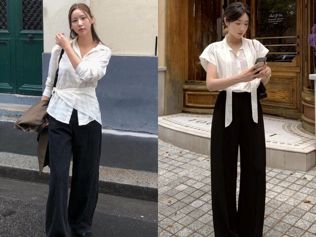 Quần màu đen kết hợp với áo trắng tạo nên set đồ đơn giản nhưng hiệu quả. Sự tương phản giúp tổng thể trông gọn gàng và thanh lịch hơn. Đây là lựa chọn phù hợp cho môi trường công sở hoặc những dịp cần sự chỉn chu và tinh tế.