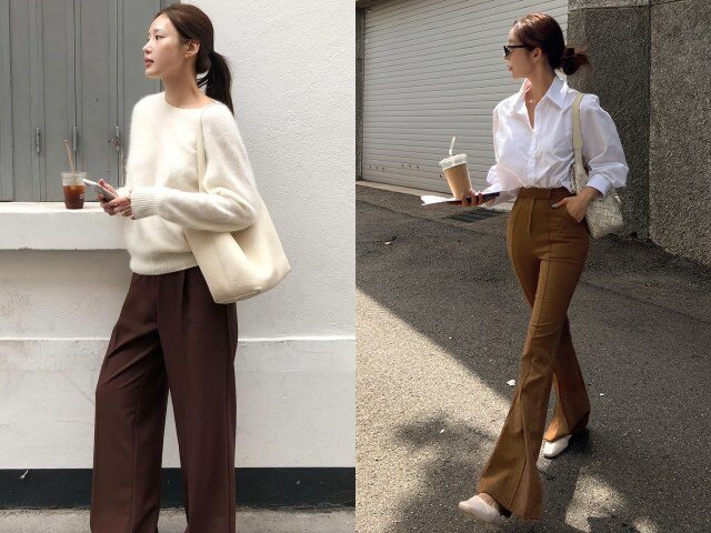 Quần màu nâu khi kết hợp với áo trắng tạo cảm giác ấm áp và dễ chịu. Các tông nâu như nâu be hay nâu đậm giúp outfit trông mềm mại hơn. Đây là lựa chọn phù hợp với phong cách thanh lịch, nhẹ nhàng nhưng vẫn hiện đại.