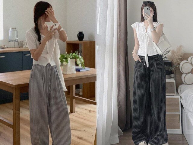 Quần kẻ sọc giúp outfit với áo trắng bớt đơn điệu. Họa tiết sọc dọc còn tạo hiệu ứng kéo dài chân, giúp vóc dáng trông cao hơn. Khi phối cùng áo trắng, nên chọn sọc nhỏ hoặc màu trung tính để giữ tổng thể hài hòa và dễ mặc.